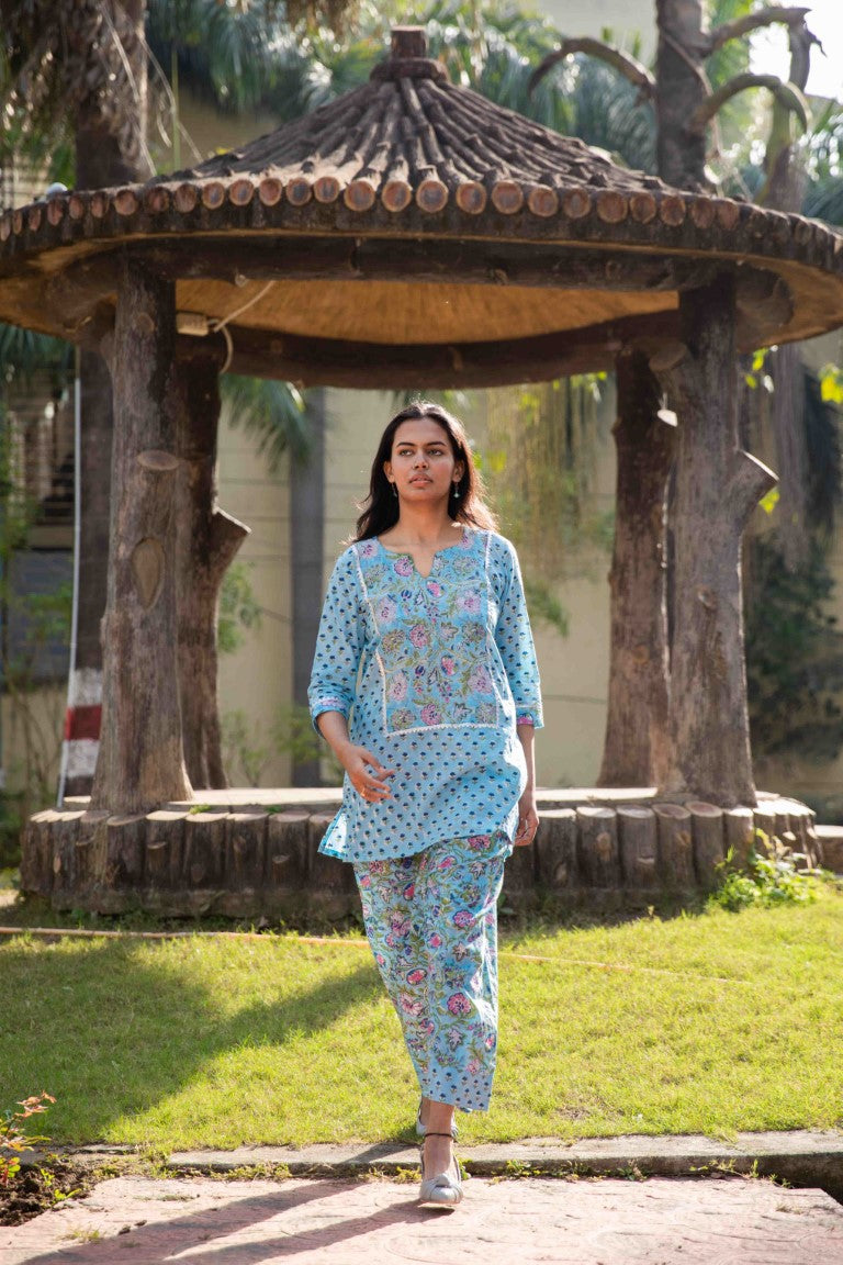 Blue Floral Handblock Print Emroydered Co-ord Set