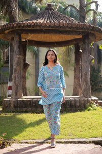 Thumbnail for Blue Floral Handblock Print Emroydered Co-ord Set