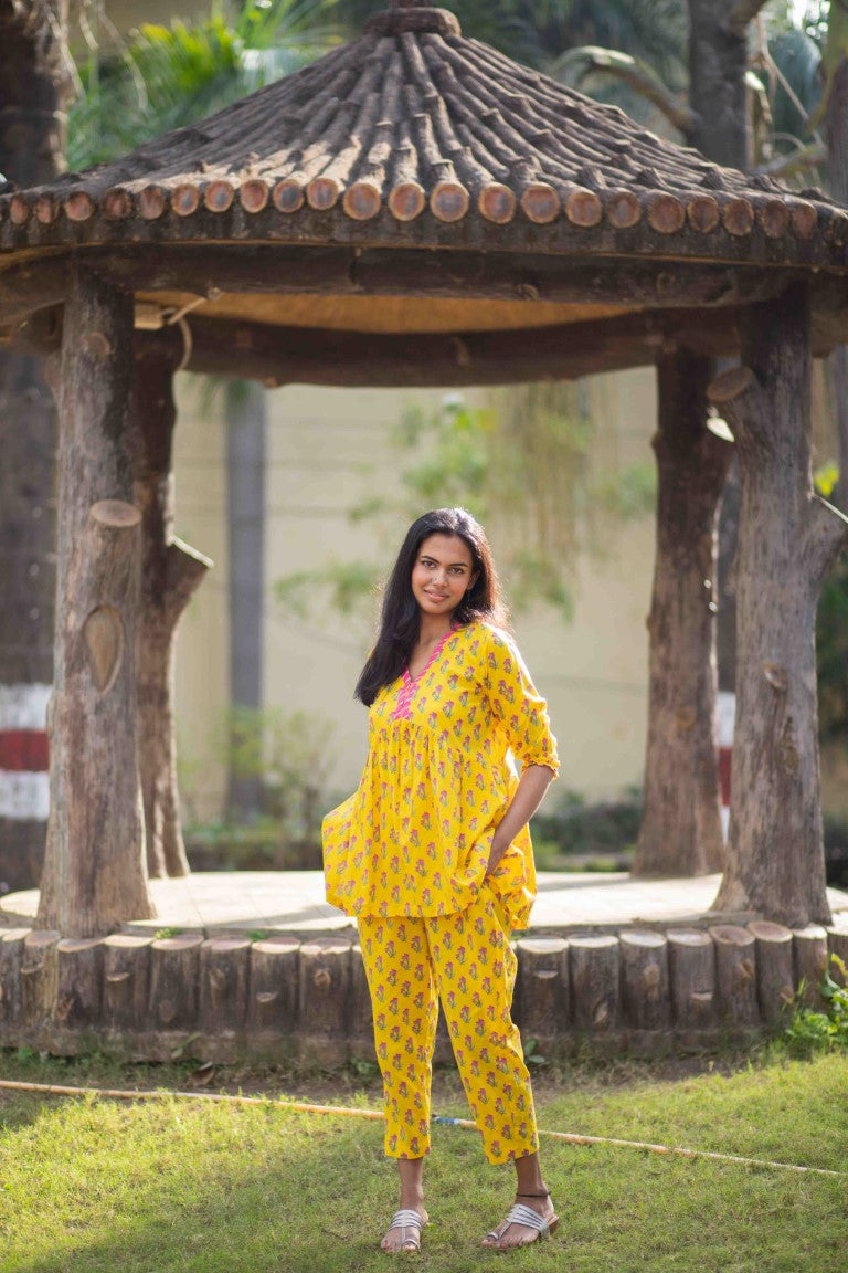 Yellow Handblock Print Two Piece Co-ord Set