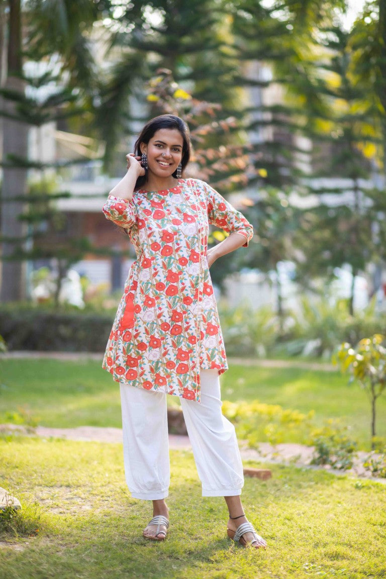 Orange & White Hand Block Print Two Piece Co-ord Set