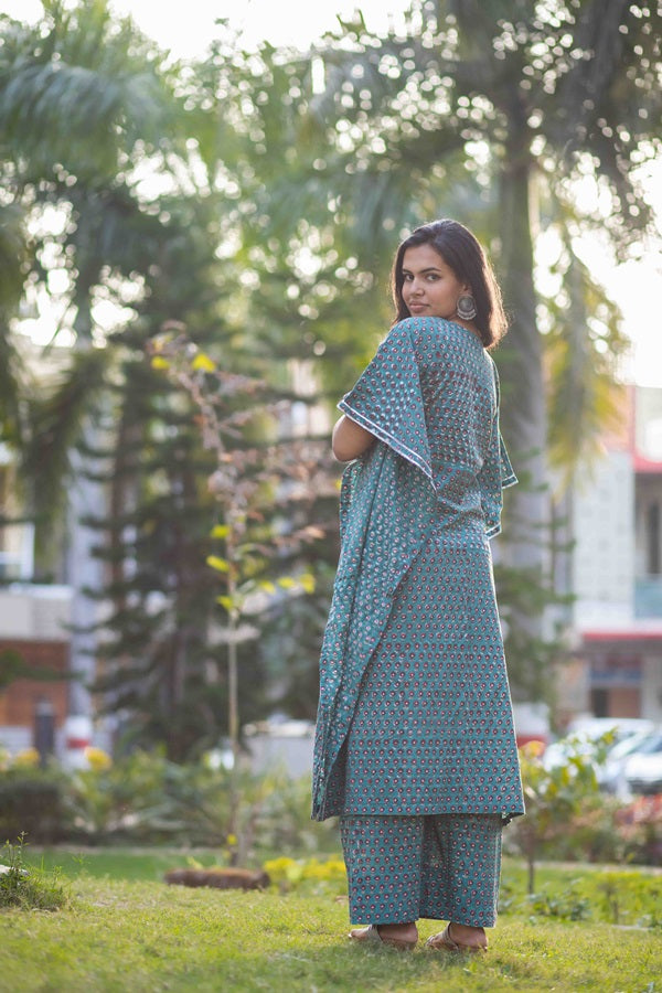 Teal Two Piece Cotton Hand Block Print Kaftan And Palazzo Co-ord Set For Women