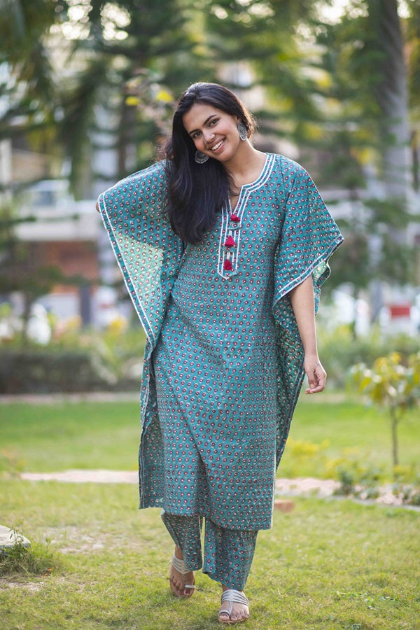 Teal Two Piece Cotton Hand Block Print Kaftan And Palazzo Co-ord Set For Women