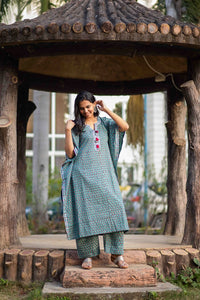 Thumbnail for Teal Two Piece Cotton Hand Block Print Kaftan And Palazzo Co-ord Set For Women