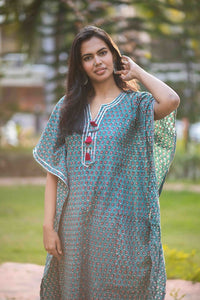 Thumbnail for Teal Two Piece Cotton Hand Block Print Kaftan And Palazzo Co-ord Set For Women