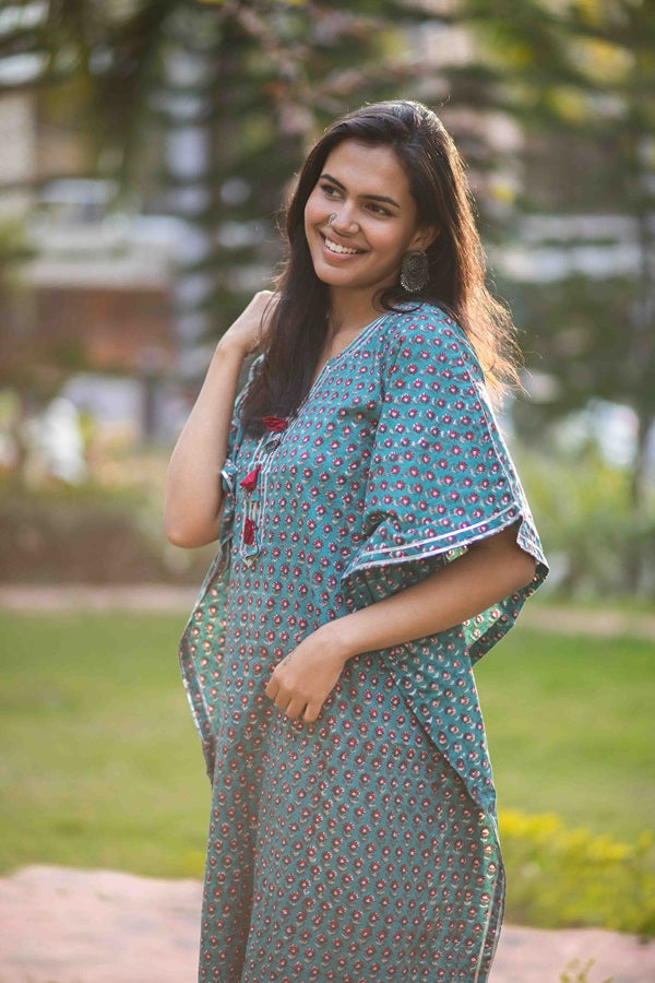 Teal Two Piece Cotton Hand Block Print Kaftan And Palazzo Co-ord Set For Women