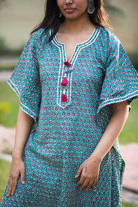 Thumbnail for Teal Two Piece Cotton Hand Block Print Kaftan And Palazzo Co-ord Set For Women