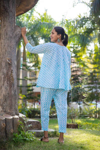 Thumbnail for Blue Chevron Embroidered Co-ord Set for Women