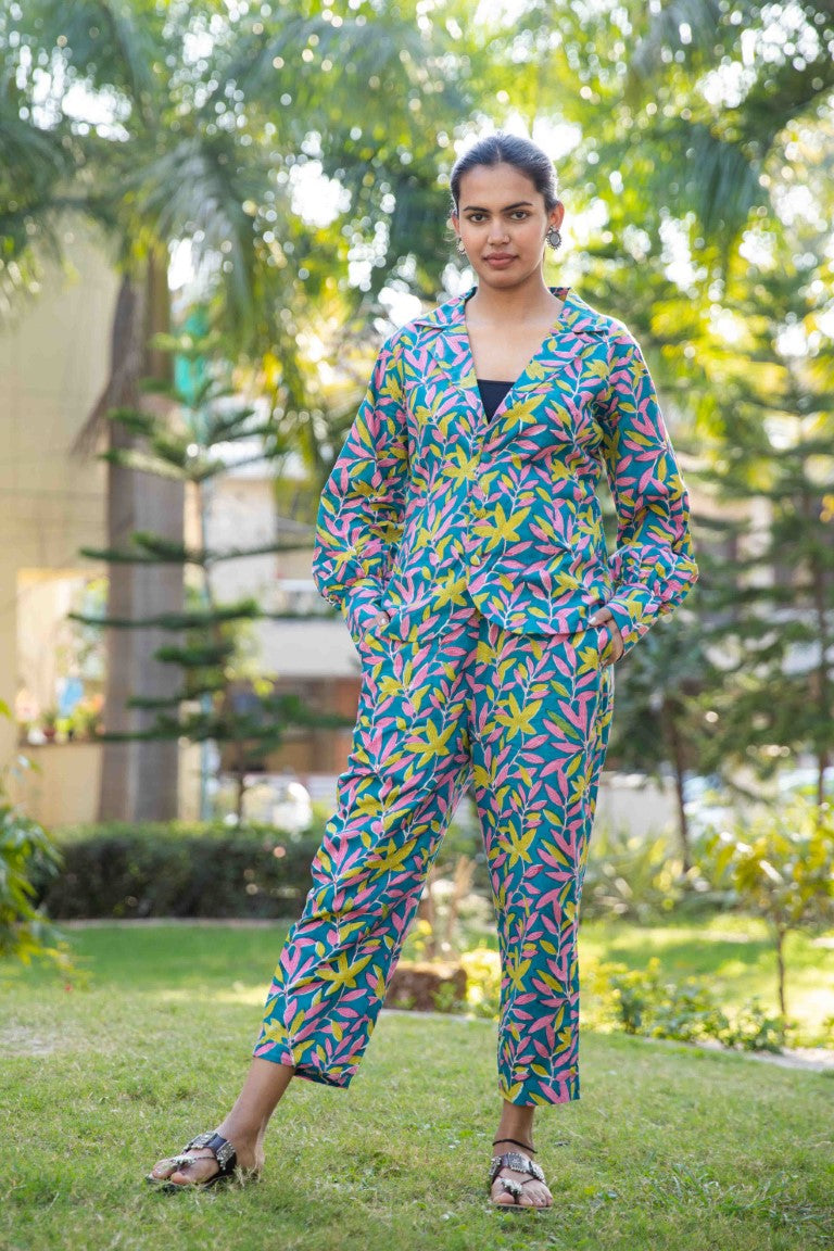Blue Green Two piece cotton pant and blazer set