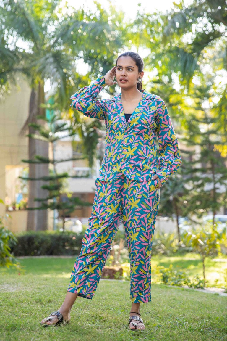 Blue Green Two piece cotton pant and blazer set
