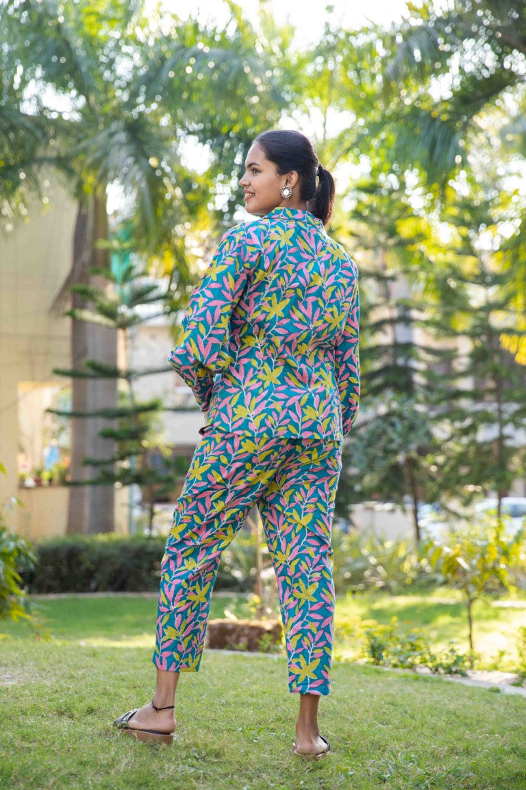 Blue Green Two piece cotton pant and blazer set