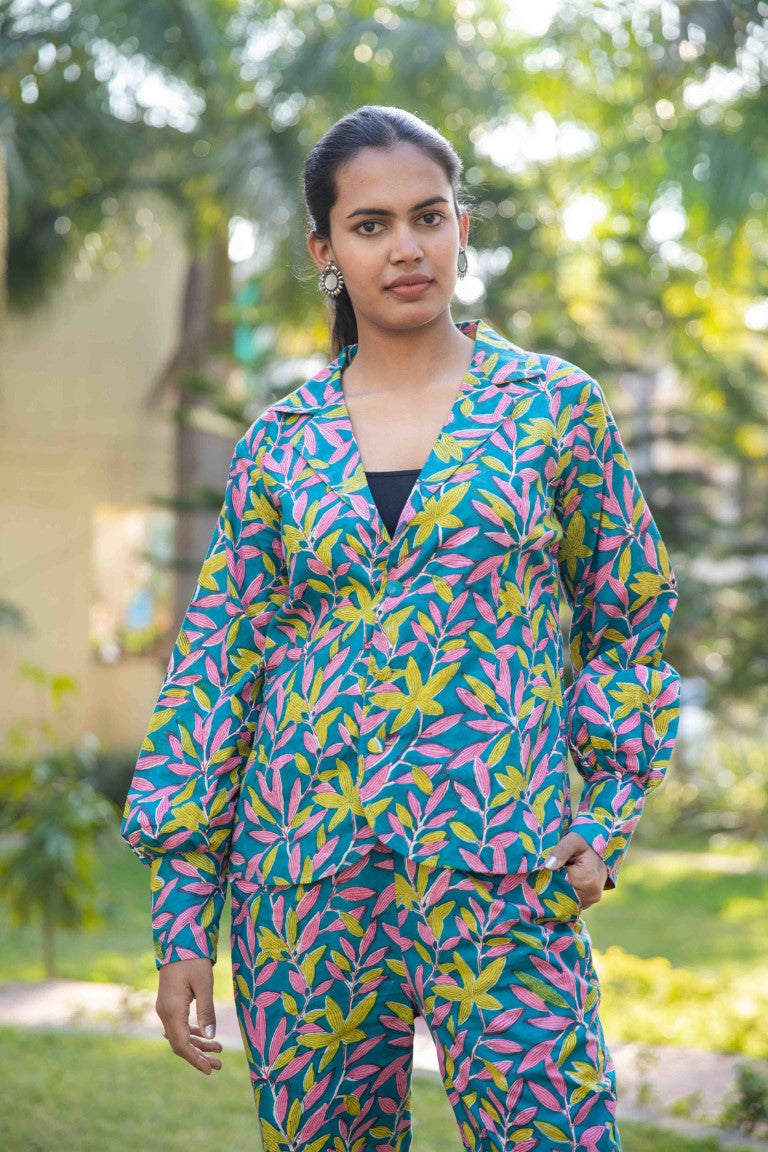 Blue Green Two piece cotton pant and blazer set