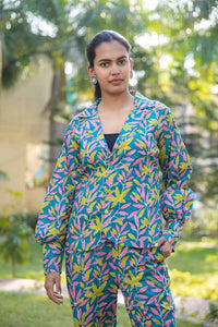 Thumbnail for Blue Green Two piece cotton pant and blazer set