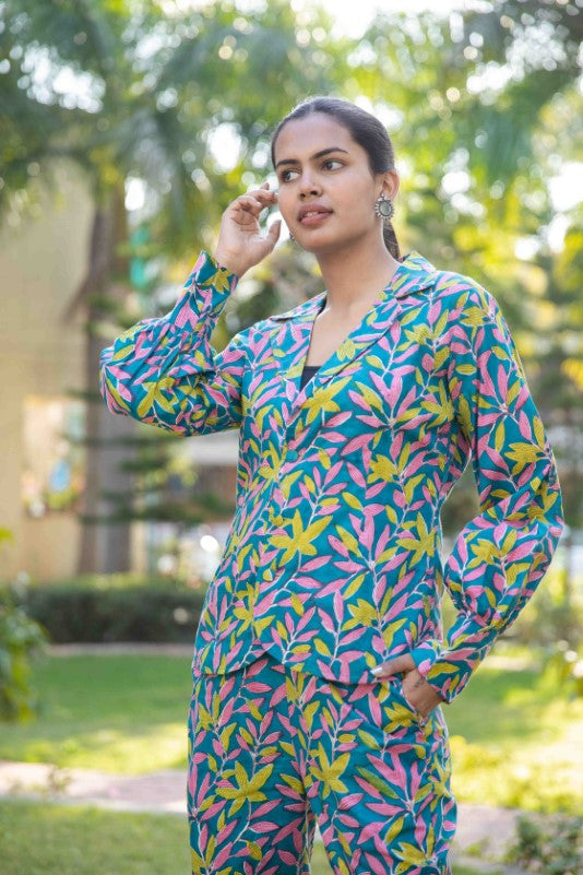 Blue Green Two piece cotton pant and blazer set
