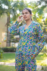 Thumbnail for Blue Green Two piece cotton pant and blazer set