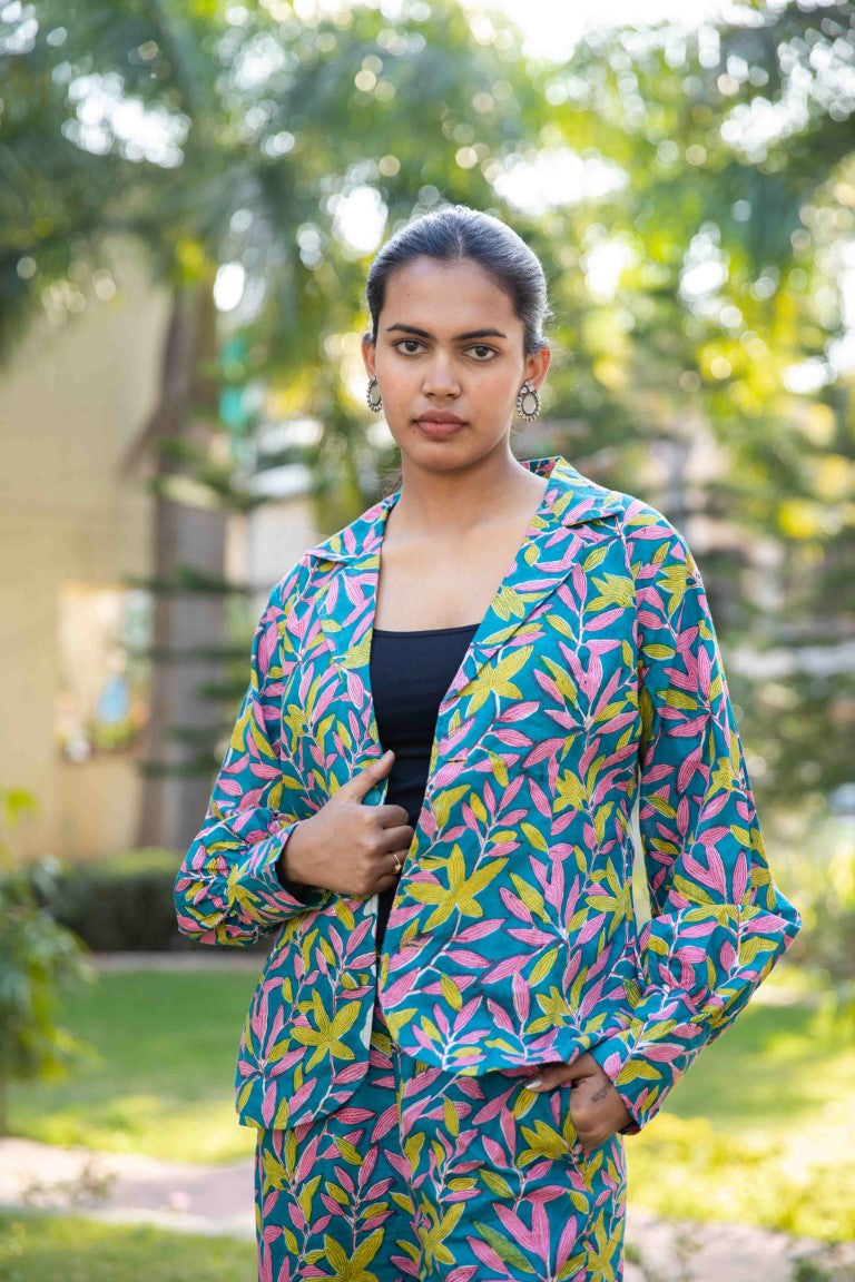Blue Green Two piece cotton pant and blazer set