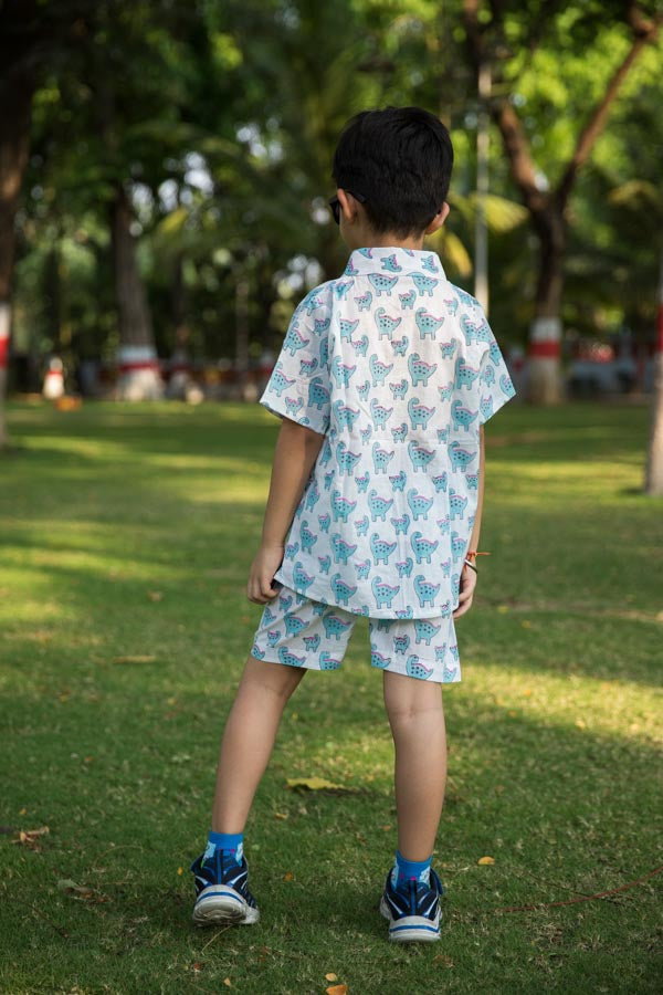 Blue & White Dino Print Shirt Shorts Boy’s Co-ord Set