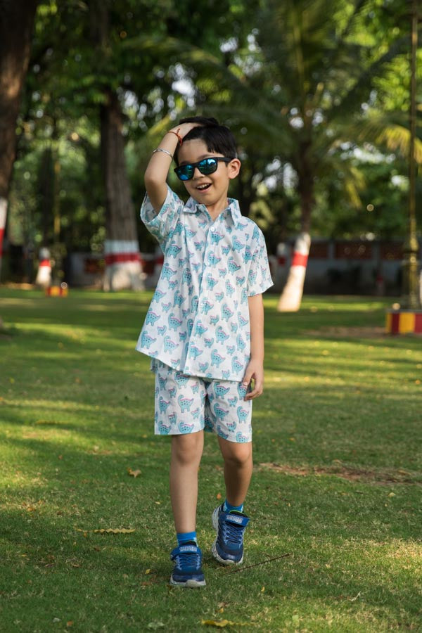 Blue & White Dino Print Shirt Shorts Boy’s Co-ord Set
