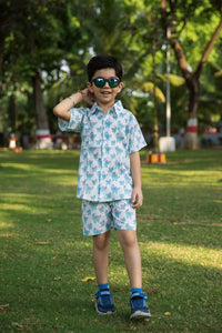 Thumbnail for Blue & White Dino Print Shirt Shorts Boy’s Co-ord Set