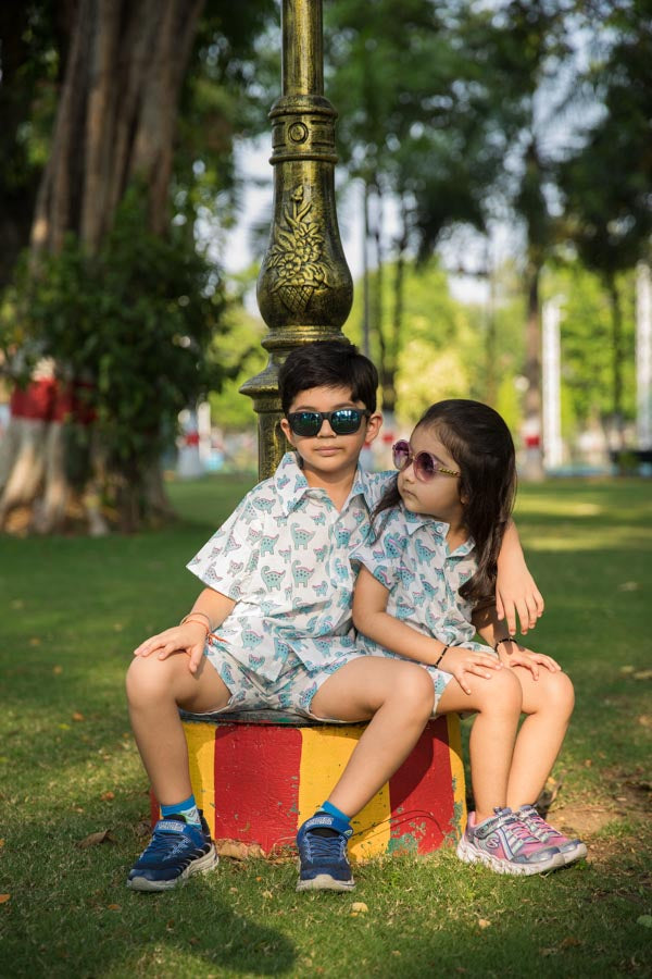 Blue & White Dino Print Shirt Shorts Girl’s Co-ord Set