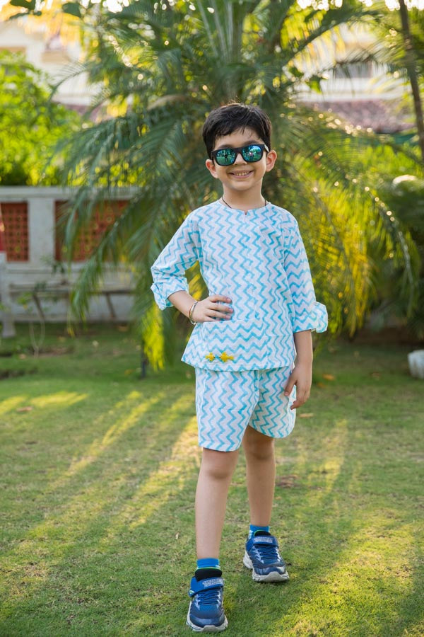 Embroidered White & Blue Chevron Block Print Unisex Co-ord Set