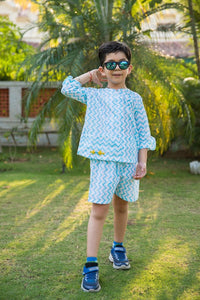 Thumbnail for Embroidered White & Blue Chevron Block Print Unisex Co-ord Set