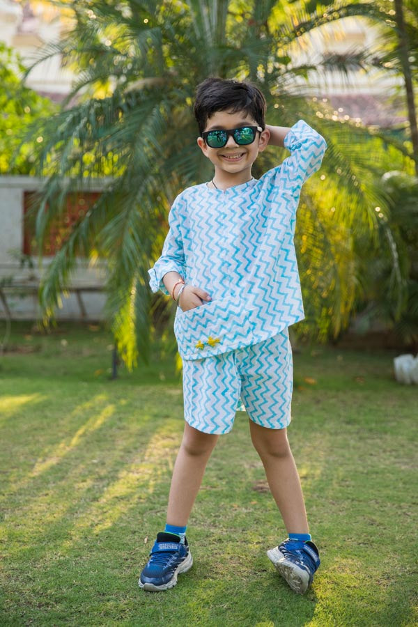 Embroidered White & Blue Chevron Block Print Unisex Co-ord Set
