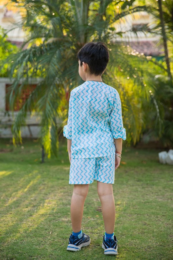 Embroidered White & Blue Chevron Block Print Unisex Co-ord Set