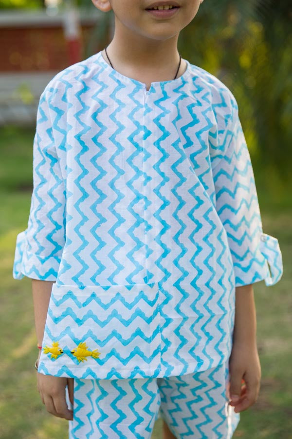 Embroidered White & Blue Chevron Block Print Unisex Co-ord Set
