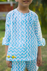 Thumbnail for Embroidered White & Blue Chevron Block Print Unisex Co-ord Set