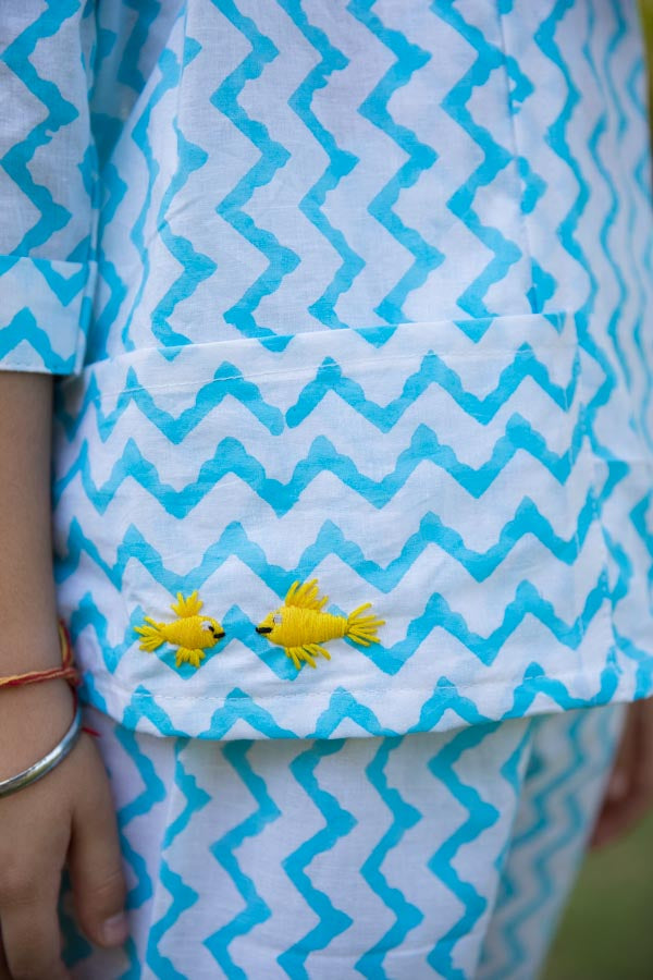 Embroidered White & Blue Chevron Block Print Unisex Co-ord Set