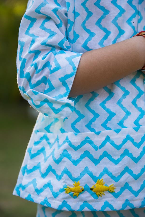 Embroidered White & Blue Chevron Block Print Unisex Co-ord Set