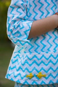 Thumbnail for Embroidered White & Blue Chevron Block Print Unisex Co-ord Set