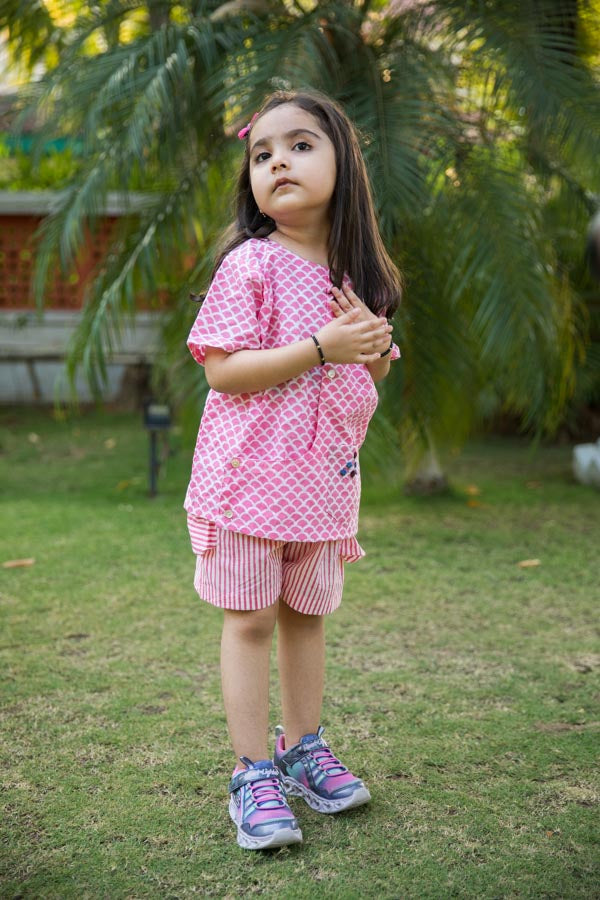 Pink Scale & Stripes Block Print Cotton Girl Co-ord Set