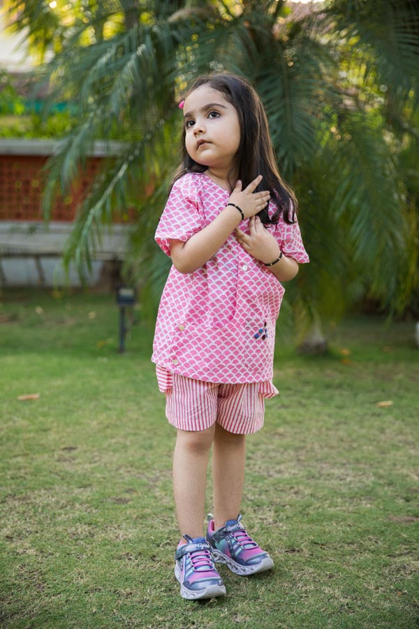 Pink Scale & Stripes Block Print Cotton Girl Co-ord Set