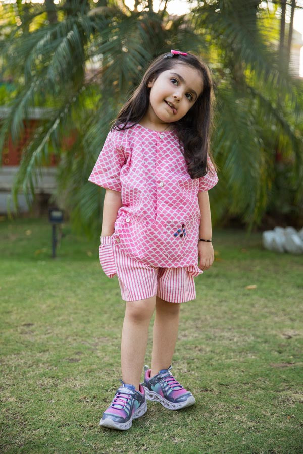 Pink Scale & Stripes Block Print Cotton Girl Co-ord Set