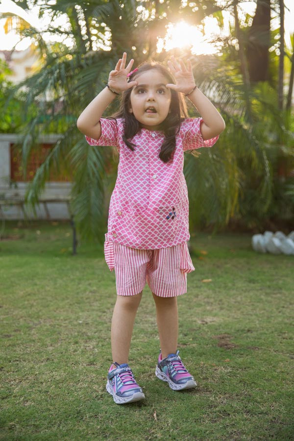 Pink Scale & Stripes Block Print Cotton Girl Co-ord Set