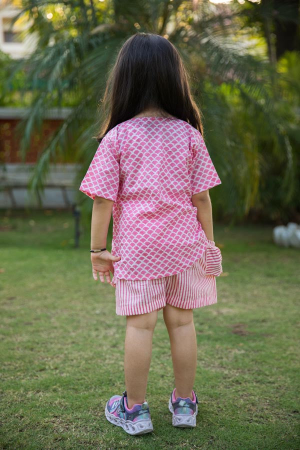 Pink Scale & Stripes Block Print Cotton Girl Co-ord Set