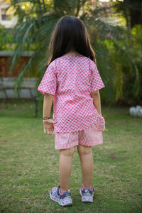 Thumbnail for Pink Scale & Stripes Block Print Cotton Girl Co-ord Set