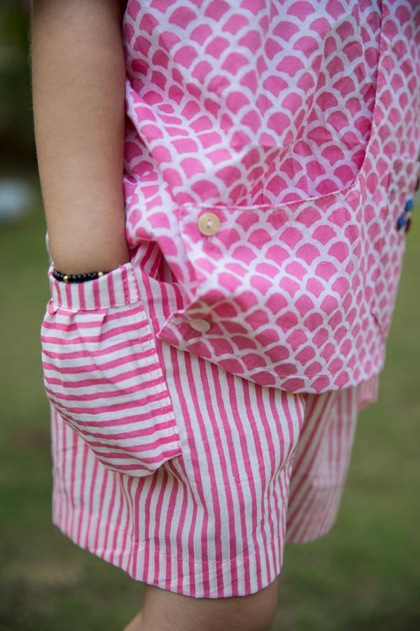 Pink Scale & Stripes Block Print Cotton Girl Co-ord Set