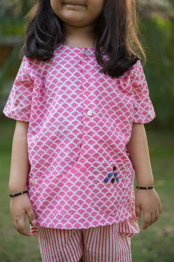 Pink Scale & Stripes Block Print Cotton Girl Co-ord Set