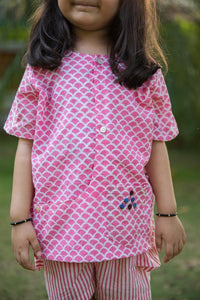 Thumbnail for Pink Scale & Stripes Block Print Cotton Girl Co-ord Set