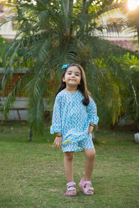 Thumbnail for Embroidered White & Blue Chevron Block Print Girl Co-ord Set