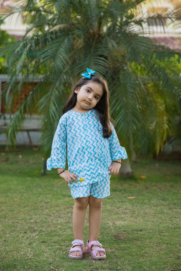 Embroidered White & Blue Chevron Block Print Girl Co-ord Set