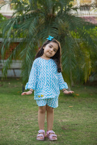 Thumbnail for Embroidered White & Blue Chevron Block Print Girl Co-ord Set