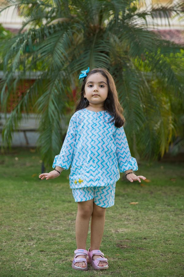 Embroidered White & Blue Chevron Block Print Girl Co-ord Set