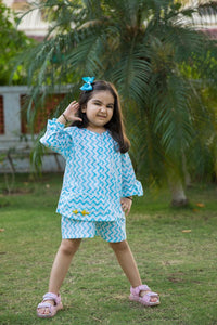 Thumbnail for Embroidered White & Blue Chevron Block Print Girl Co-ord Set