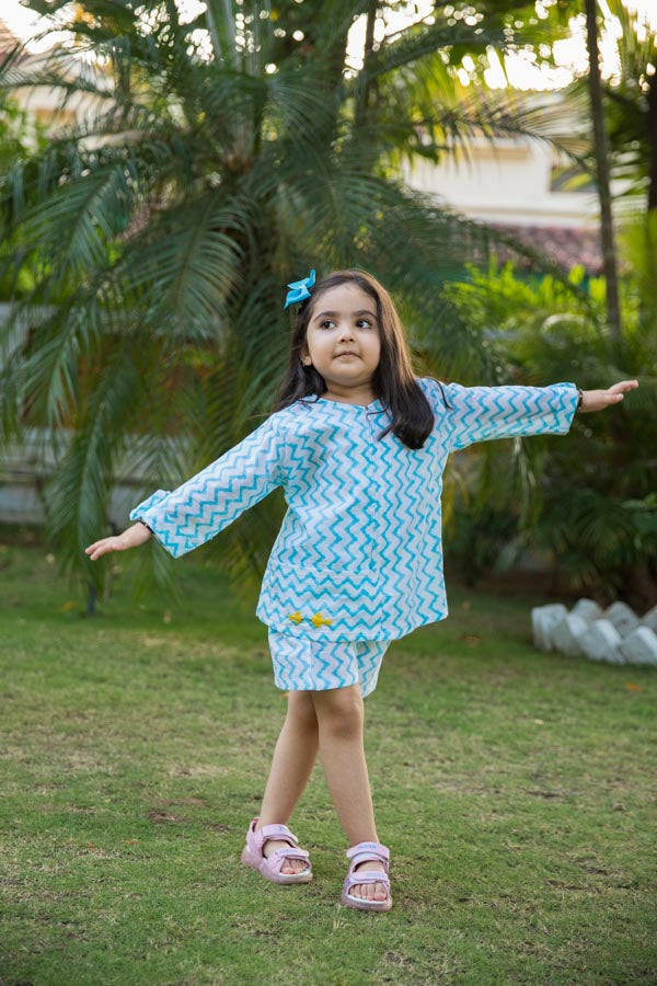 Embroidered White & Blue Chevron Block Print Girl Co-ord Set