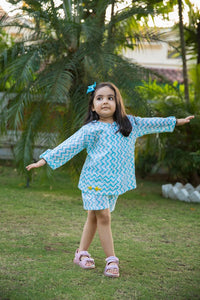 Thumbnail for Embroidered White & Blue Chevron Block Print Girl Co-ord Set