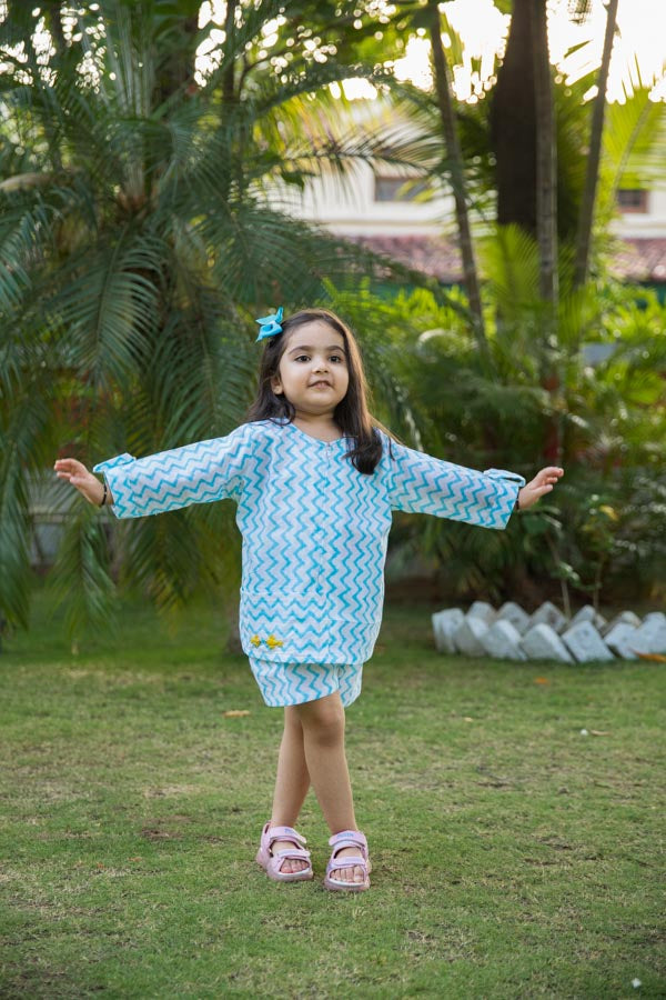 Embroidered White & Blue Chevron Block Print Girl Co-ord Set