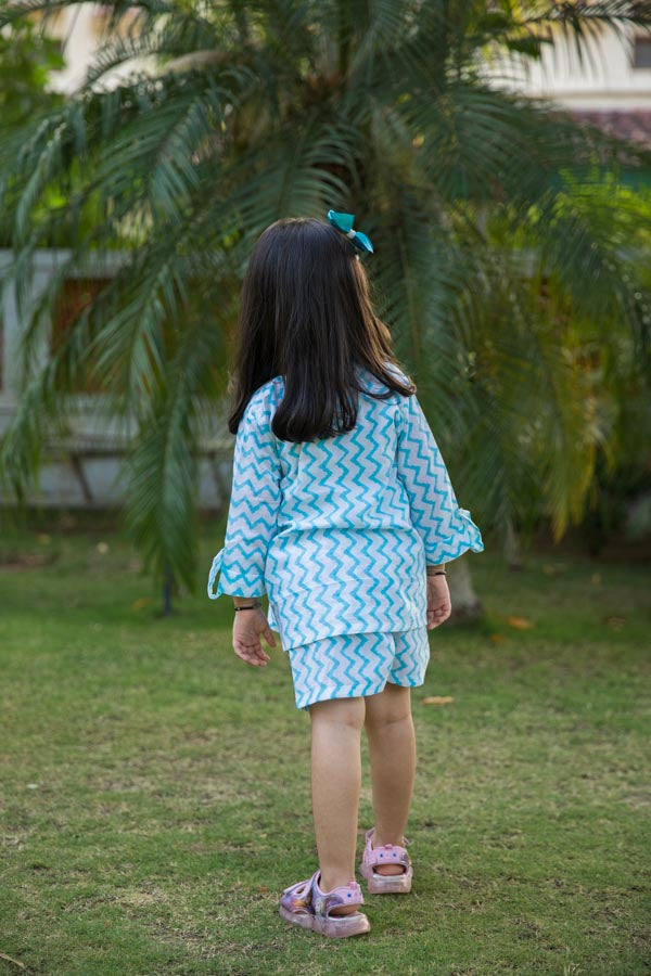 Embroidered White & Blue Chevron Block Print Girl Co-ord Set